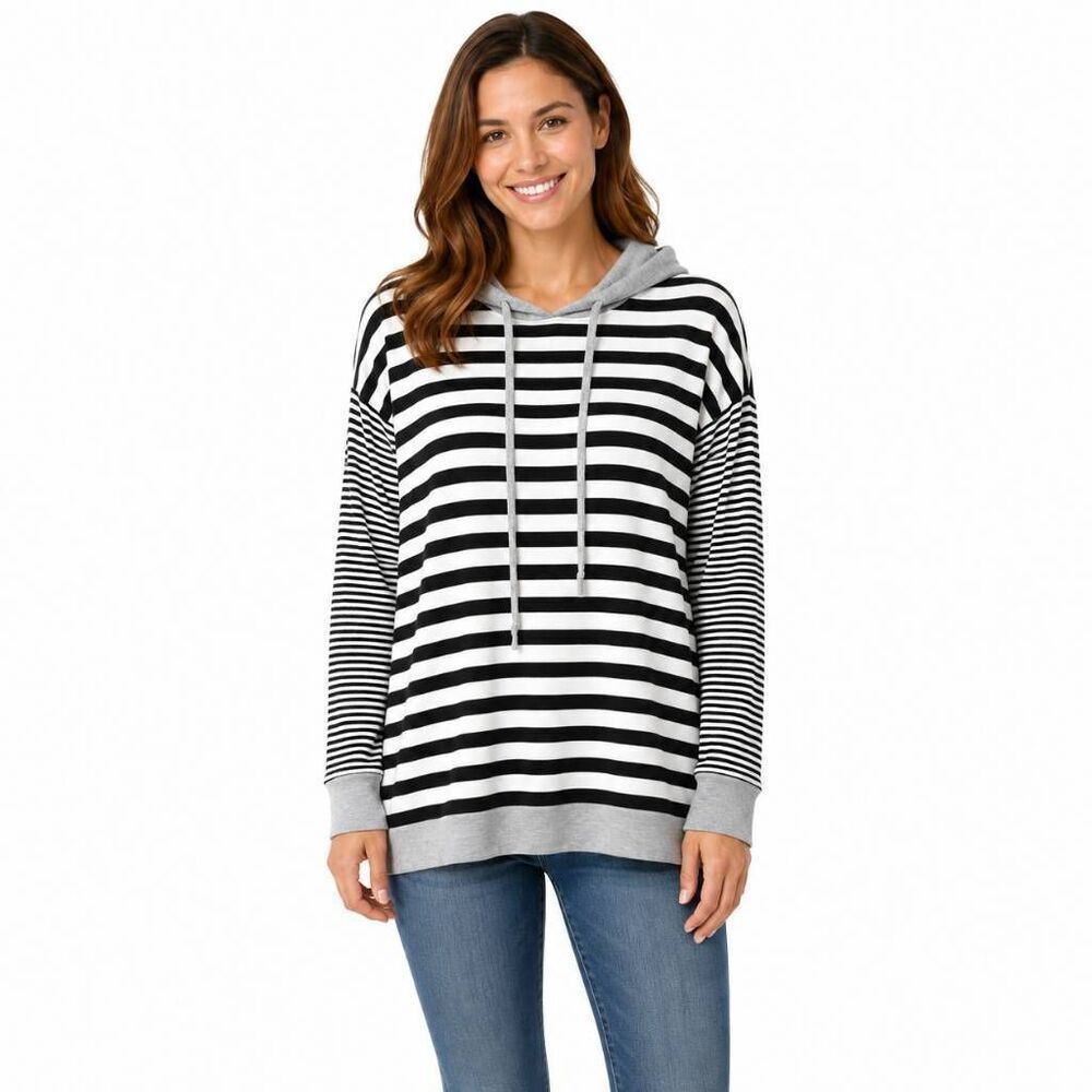 White Birch L Black White Striped Hoodie Top